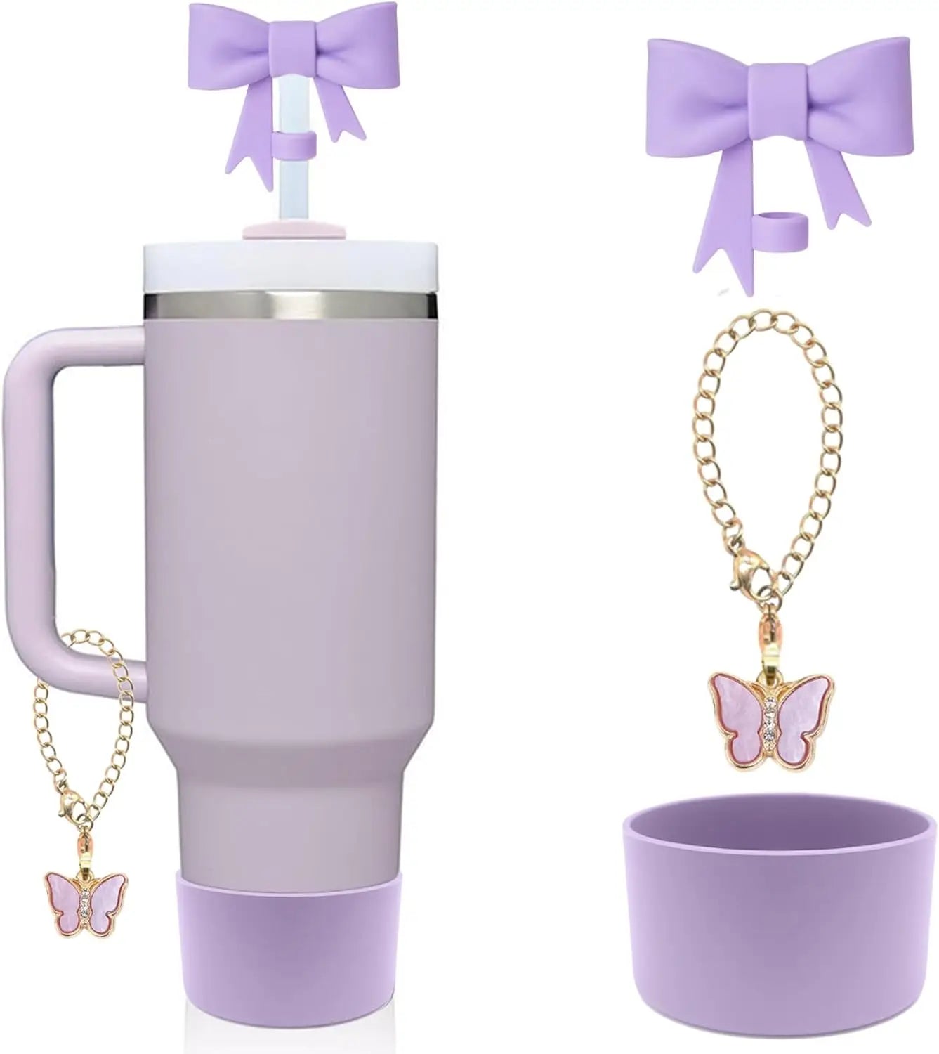 Bow Straw Cover for Stanley Cup Silicone Topper Pink Butterfly Chain Silicone Boot Pink Cup Accessories Set for 30/40 OZ Tumbler