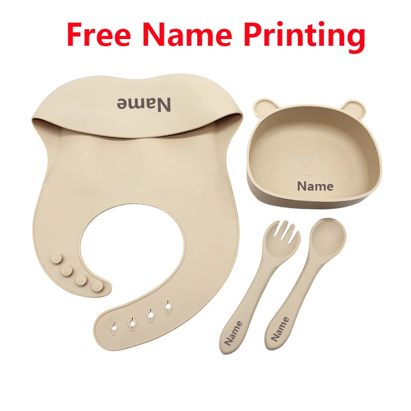 Free Name Printing Silicone Children's Tableware Feeding Bowl Silicone Fork Spoon Meal Training Holiday Gift
