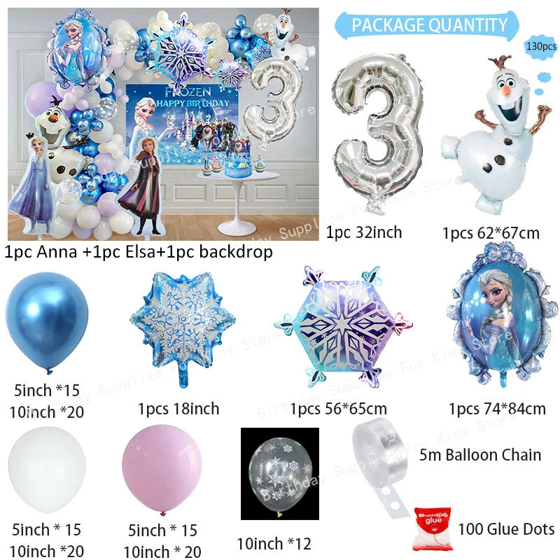 Frozen Birthday Party Decoration Set Anna Elsa Olaf Snowflake Banner Backdrop Balloons Kit Foil Garland Arch Balloon Baby Shower