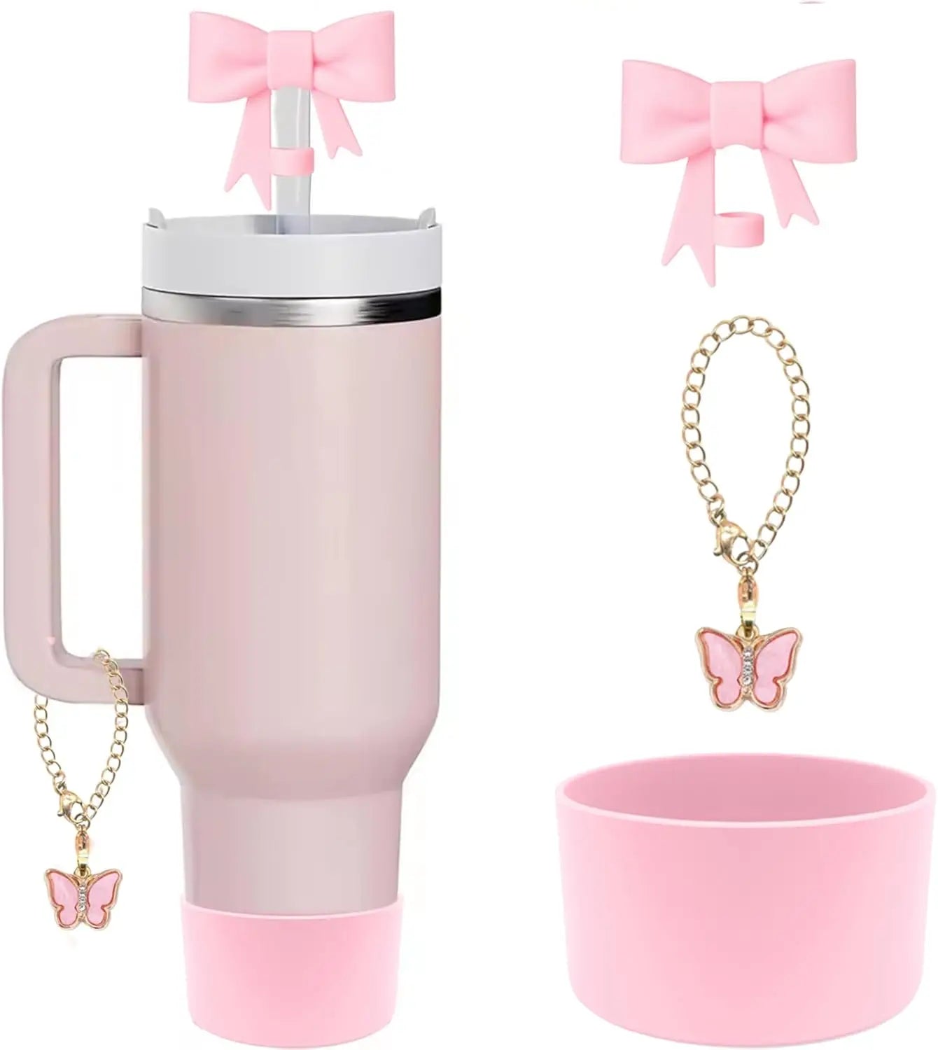Bow Straw Cover for Stanley Cup Silicone Topper Pink Butterfly Chain Silicone Boot Pink Cup Accessories Set for 30/40 OZ Tumbler
