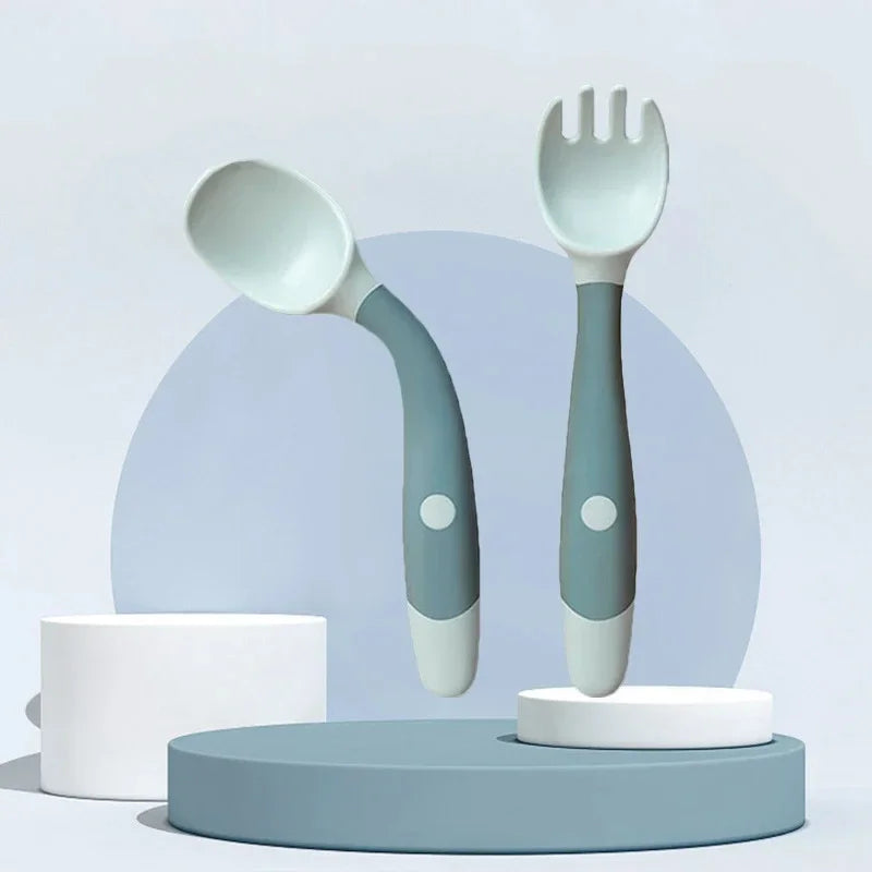 Baby And Children's Spoon And Fork Set Soft And Bendable Silicone Spoon And Fork Baby Learning Eating Training Tableware