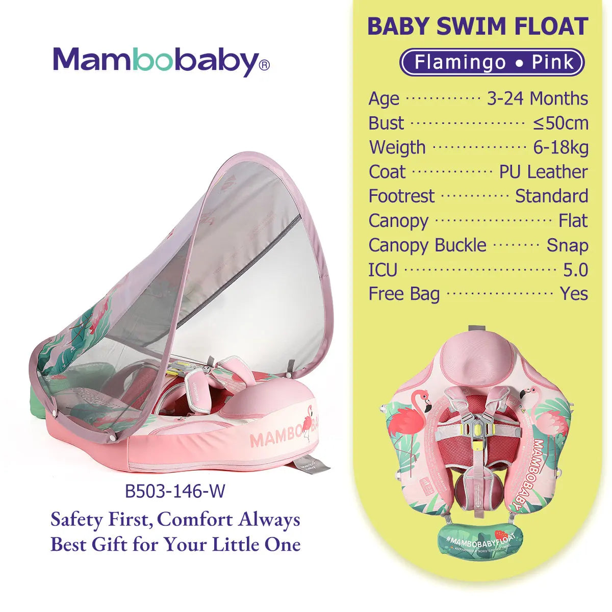 Mambobaby Gentle Skin-Safe Flamingo Air-Free Chest Float with Flat Canopy B503-143-W-Z Baby Swimming Ring Infant Water Circle