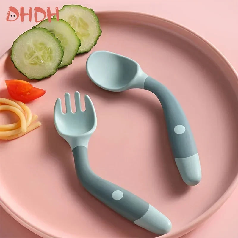 Baby And Children's Spoon And Fork Set Soft And Bendable Silicone Spoon And Fork Baby Learning Eating Training Tableware