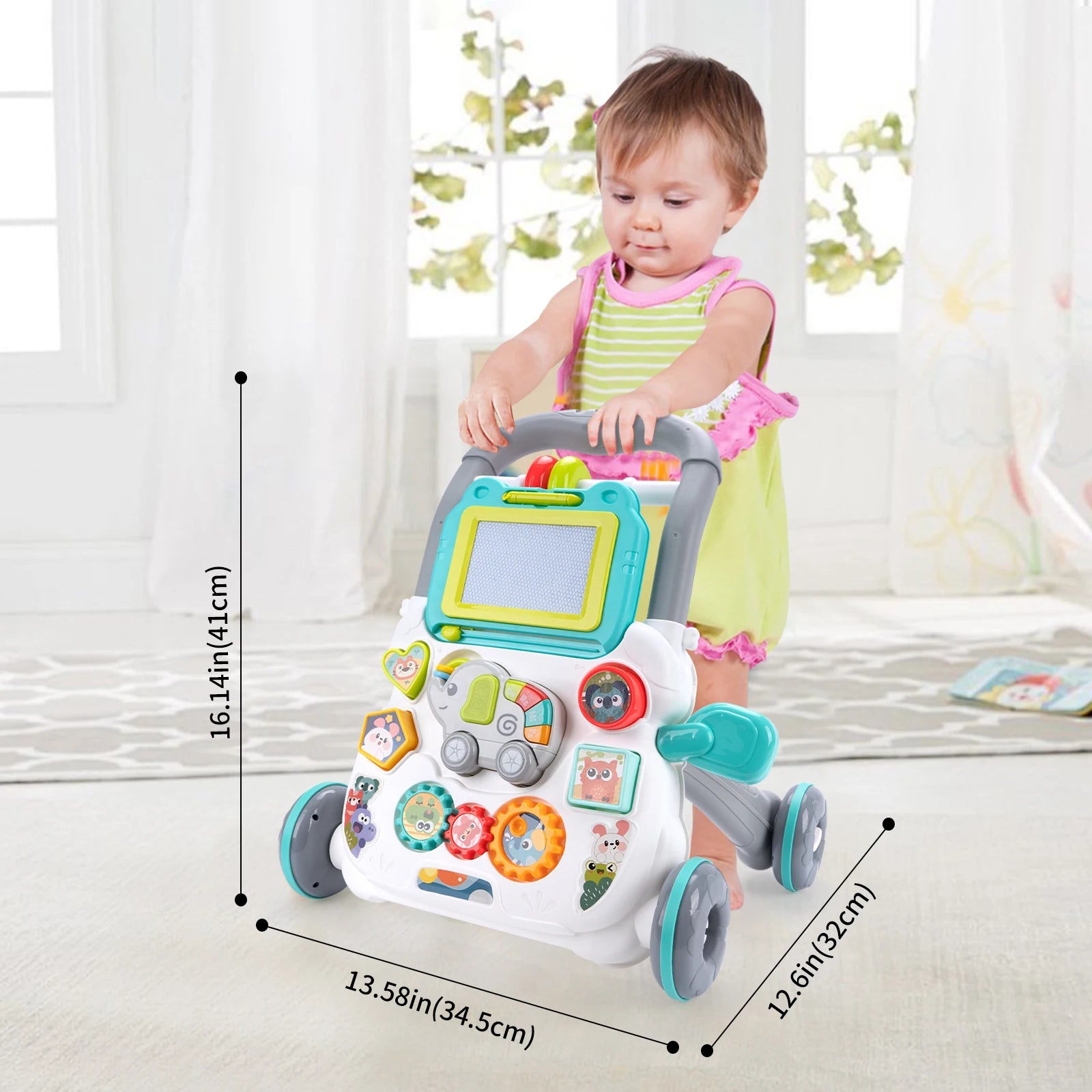 Baby Cartoon Push Walker Toys with Music Drawing Board Multifunction Activity Learning Walk Toddler Walker for 12M+ Infants