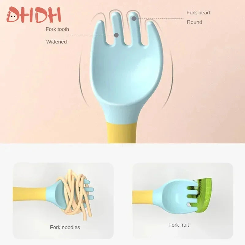 Baby And Children's Spoon And Fork Set Soft And Bendable Silicone Spoon And Fork Baby Learning Eating Training Tableware
