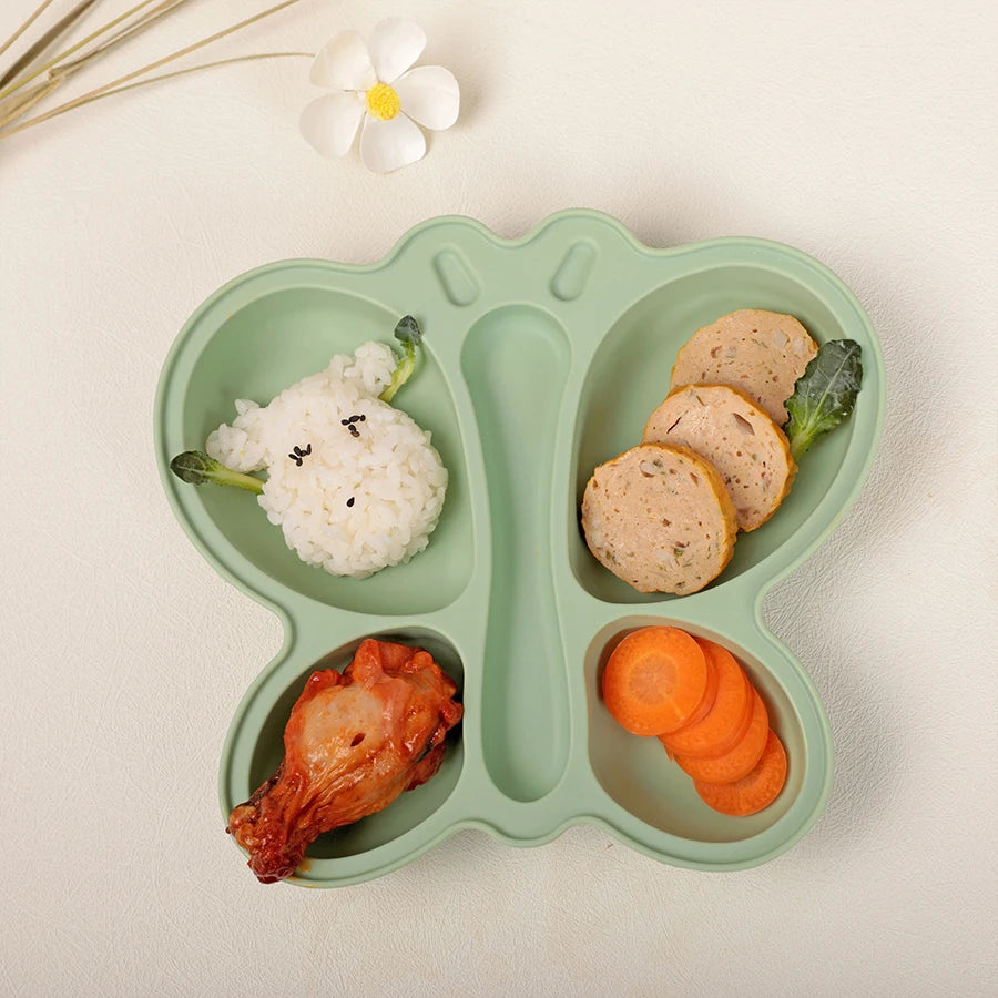 2pcs Baby Butterfly Silicone Dining Plate Sucker Bowl Divided Sectioned Traininig Self-feeding Spoon Non-Slip Kid Tableware Set