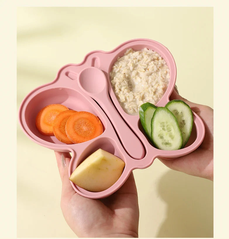 2pcs Baby Butterfly Silicone Dining Plate Sucker Bowl Divided Sectioned Traininig Self-feeding Spoon Non-Slip Kid Tableware Set
