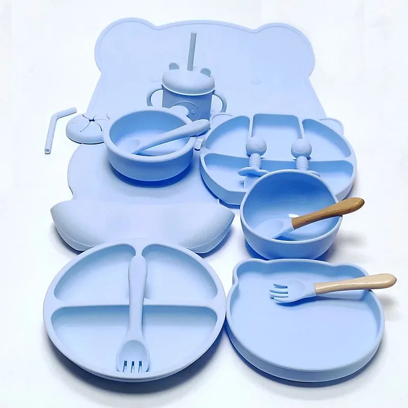 16pcs Dinner Plate Set Silicone Children's Tableware Set Baby Complementary Suction Cup Bowl Spoon Mother and Baby