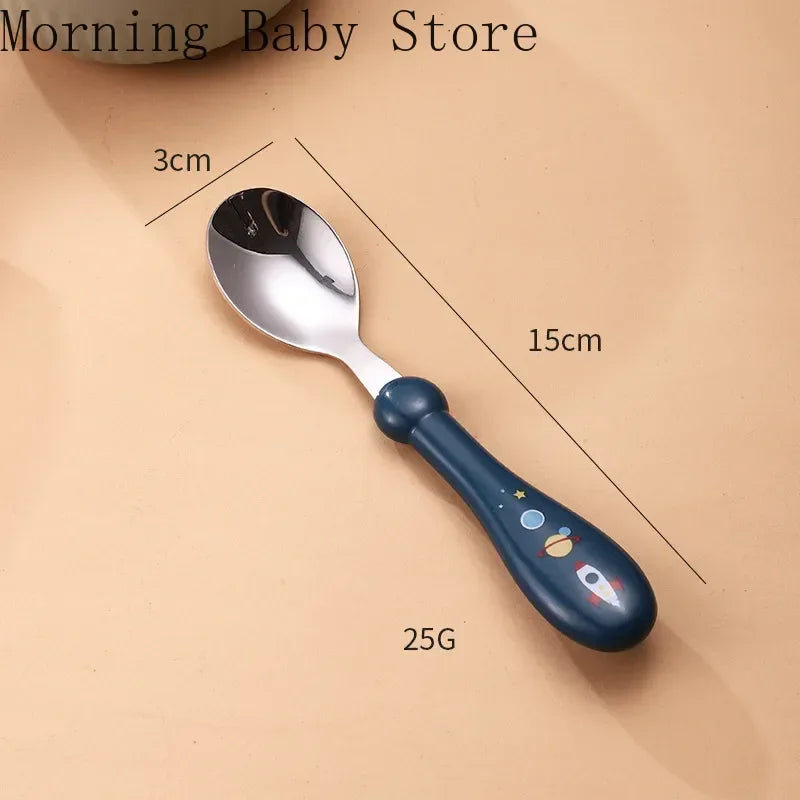 Cartoon Rocket Shark Pattern Baby Spoon Fork Children Feeding Cutlery Utensil Toddler Infant Tableware Baby Feeding Accessories