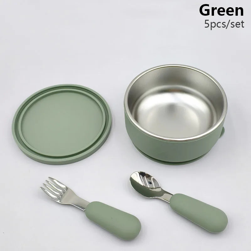 Silicone Baby Feeding Bowl With Lid Spoon Fork 316 Stainless Steel Bowl Personalized Name Children's Tableware Snack Fruit Bowl