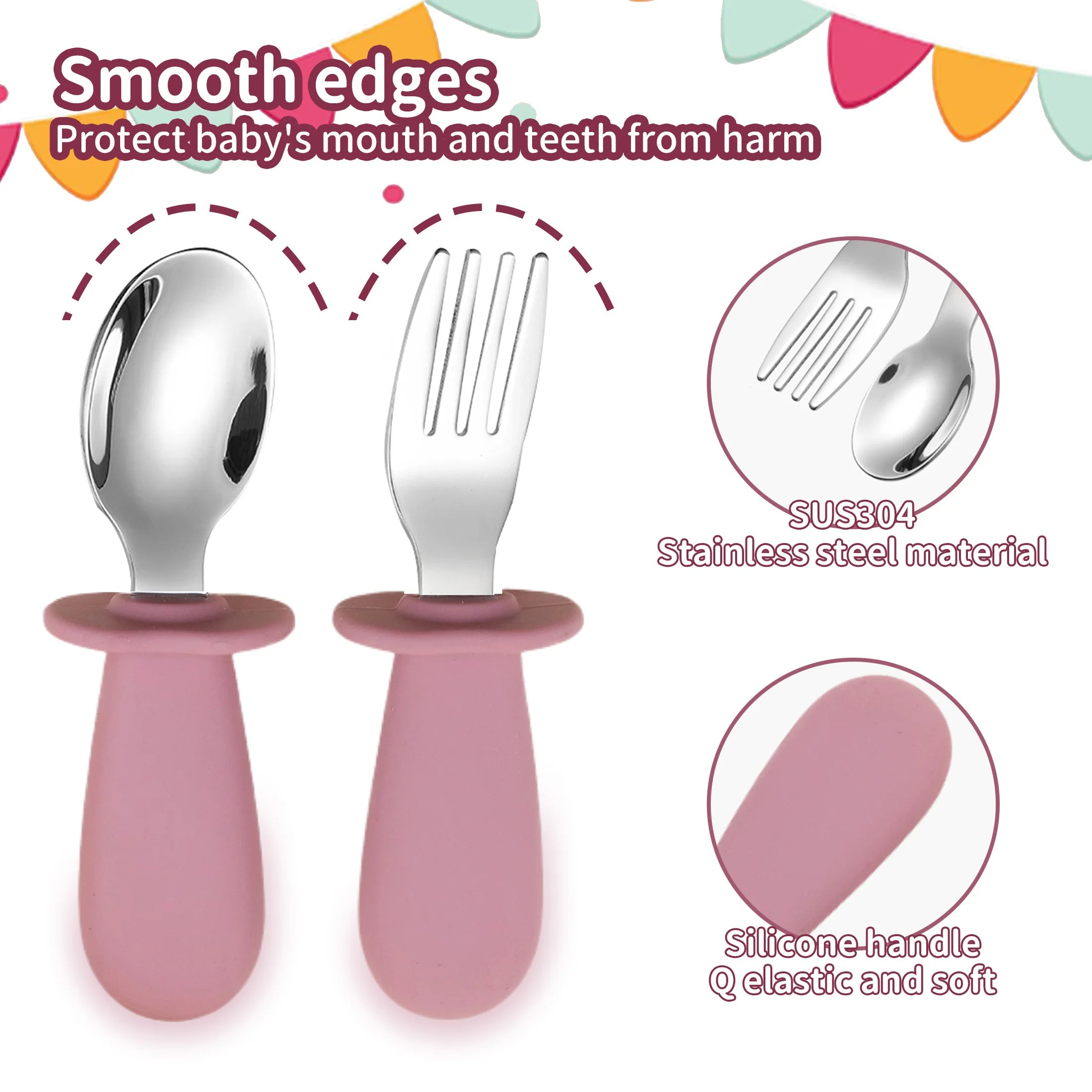 3-piece silicone spoon and fork cutlery set for baby food and feeding utensils, children's stainless steel spoon and fork cutler