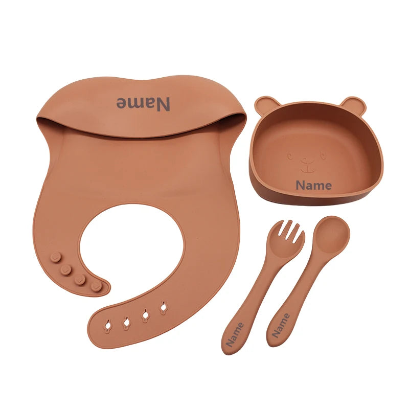 Free Name Printing Silicone Children's Tableware Feeding Bowl Silicone Fork Spoon Meal Training Holiday Gift