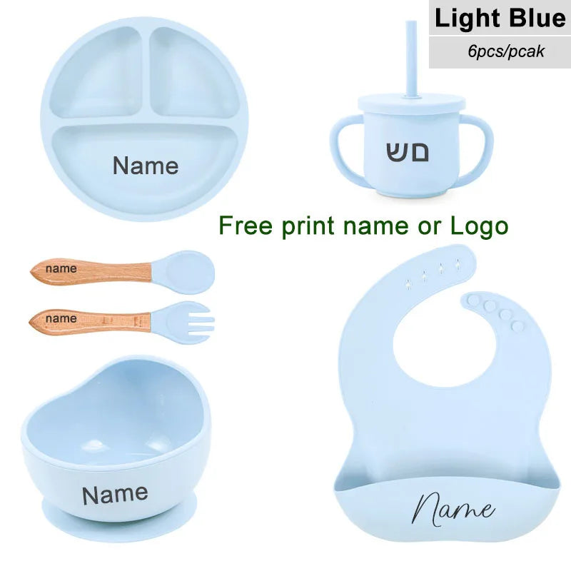 6Pcs Baby Feeding Set Free Personalized Name Children's Silicone Tableware  Sucker Cup Bowl Plate For Kids Newborn Gift BPA Free