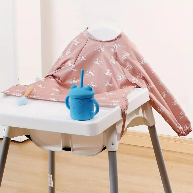 Elinfant New 1 Pc Table Use Polyester Waterproof Fashion Printed Snap Buttons Design Long Sleeve Mess Proof Baby Feeding Bib