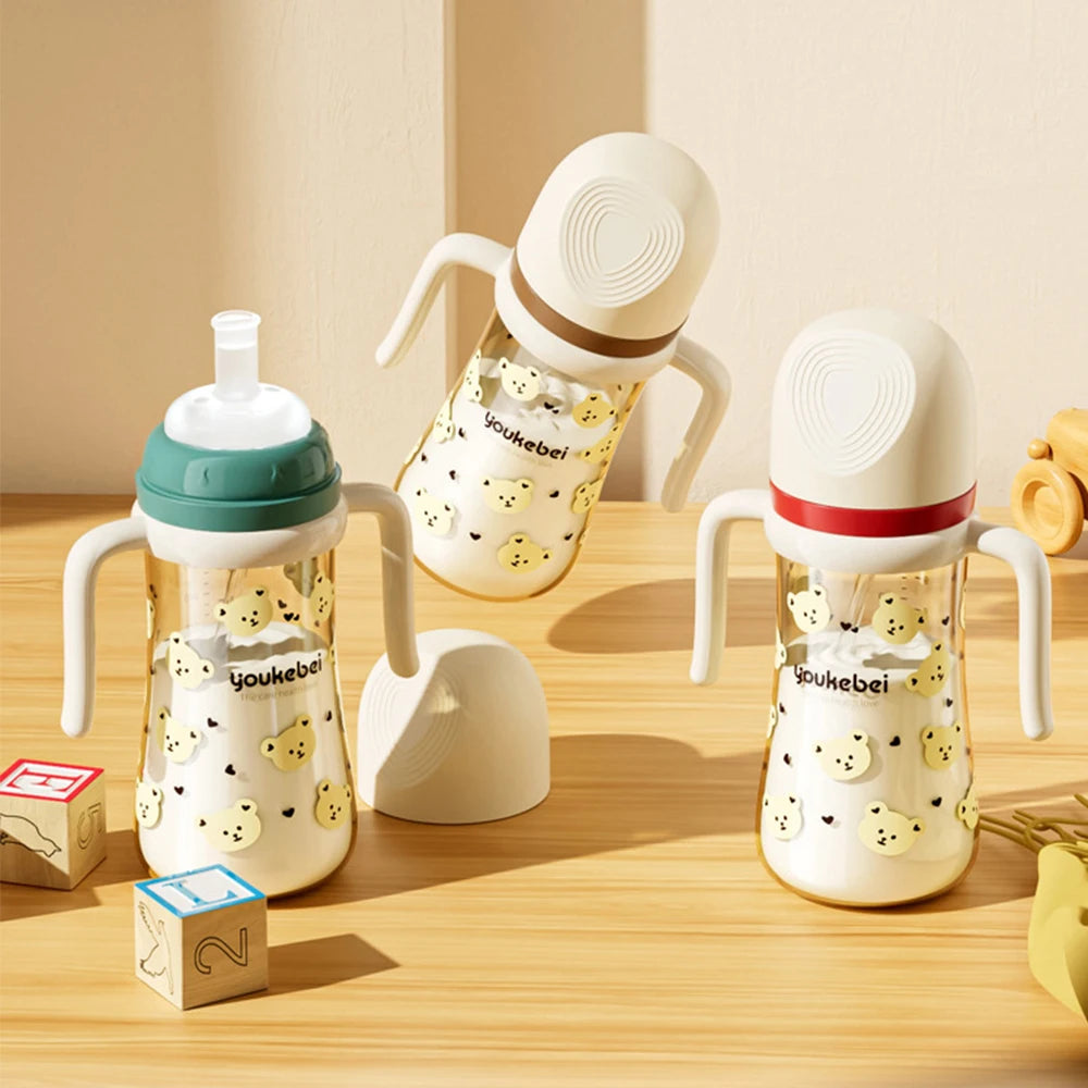 300ml Baby Drinking Cup Feeding Bottle With Straw Gravity Ball Wide Caliber Drinking Milk Water Bottle With Handle