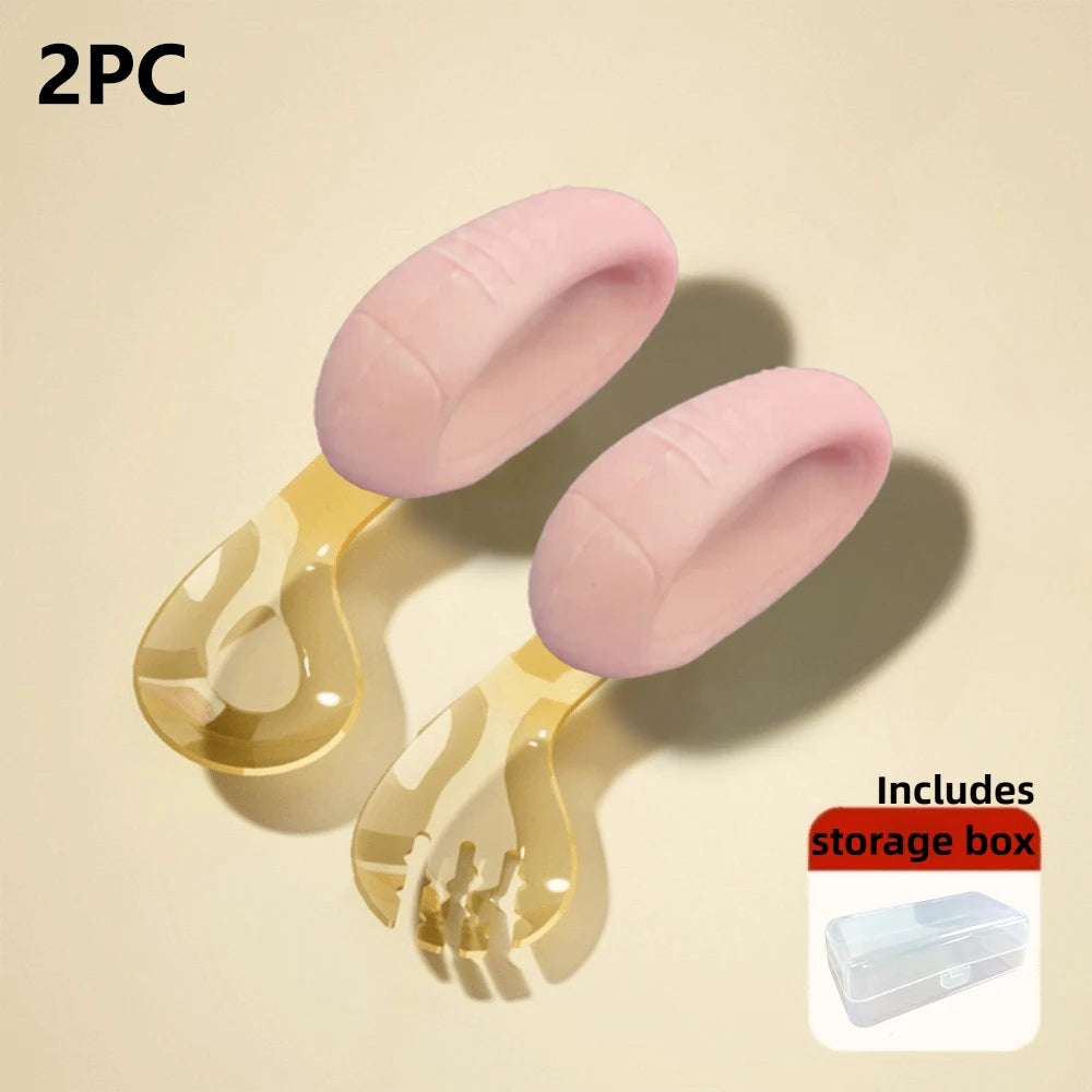 Toddler Spoon and Fork with Bendable Silicone Grip and PPSU Head Storage Box for Baby Self-feeding