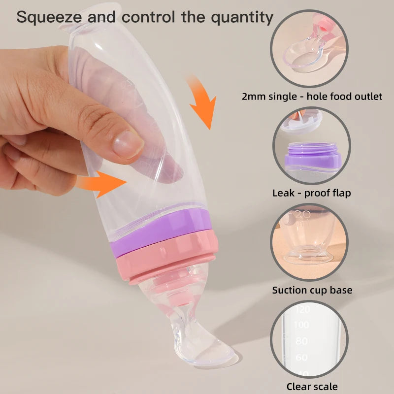 120 ml/4oz Infant Baby Liquid Silicone Food Squeeze Feeder | Fruit Puree & Rice Paste Dispenser | Detachable Spoon
