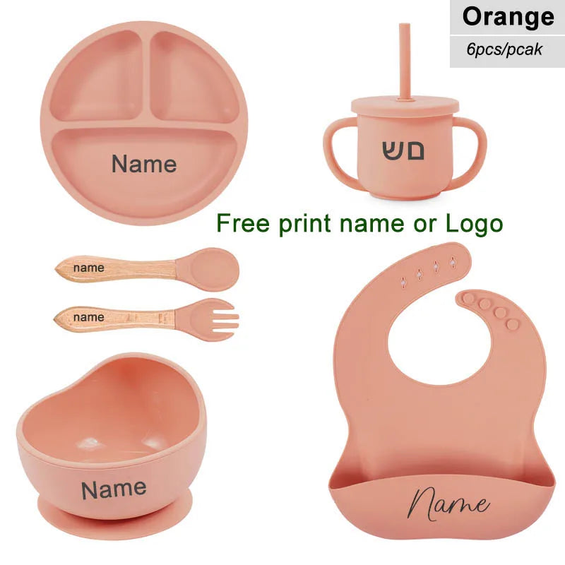 6Pcs Baby Feeding Set Free Personalized Name Children's Silicone Tableware  Sucker Cup Bowl Plate For Kids Newborn Gift BPA Free