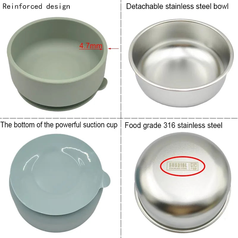 Silicone Baby Feeding Bowl With Lid Spoon Fork 316 Stainless Steel Bowl Personalized Name Children's Tableware Snack Fruit Bowl