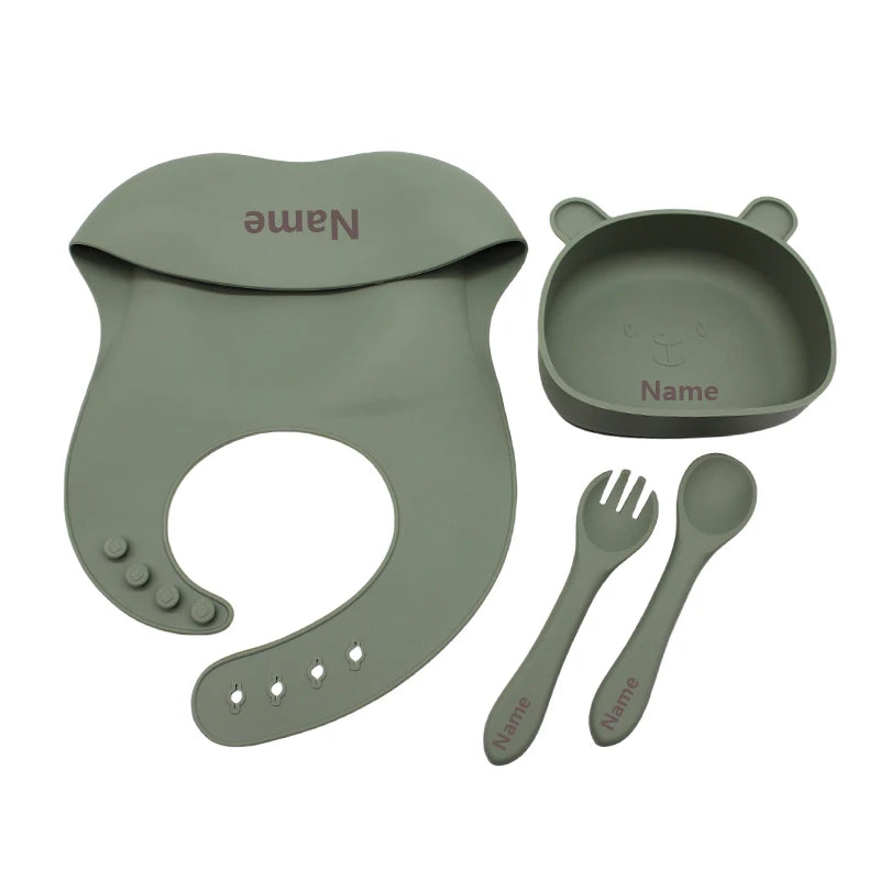 Free Name Printing Silicone Children's Tableware Feeding Bowl Silicone Fork Spoon Meal Training Holiday Gift