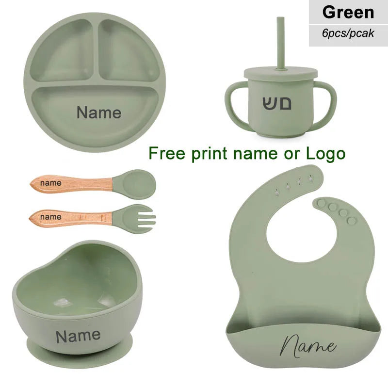 6Pcs Baby Feeding Set Free Personalized Name Children's Silicone Tableware  Sucker Cup Bowl Plate For Kids Newborn Gift BPA Free