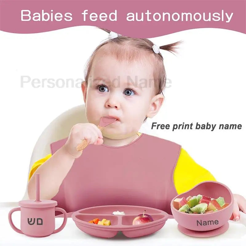 6Pcs Baby Feeding Set Free Personalized Name Children's Silicone Tableware  Sucker Cup Bowl Plate For Kids Newborn Gift BPA Free