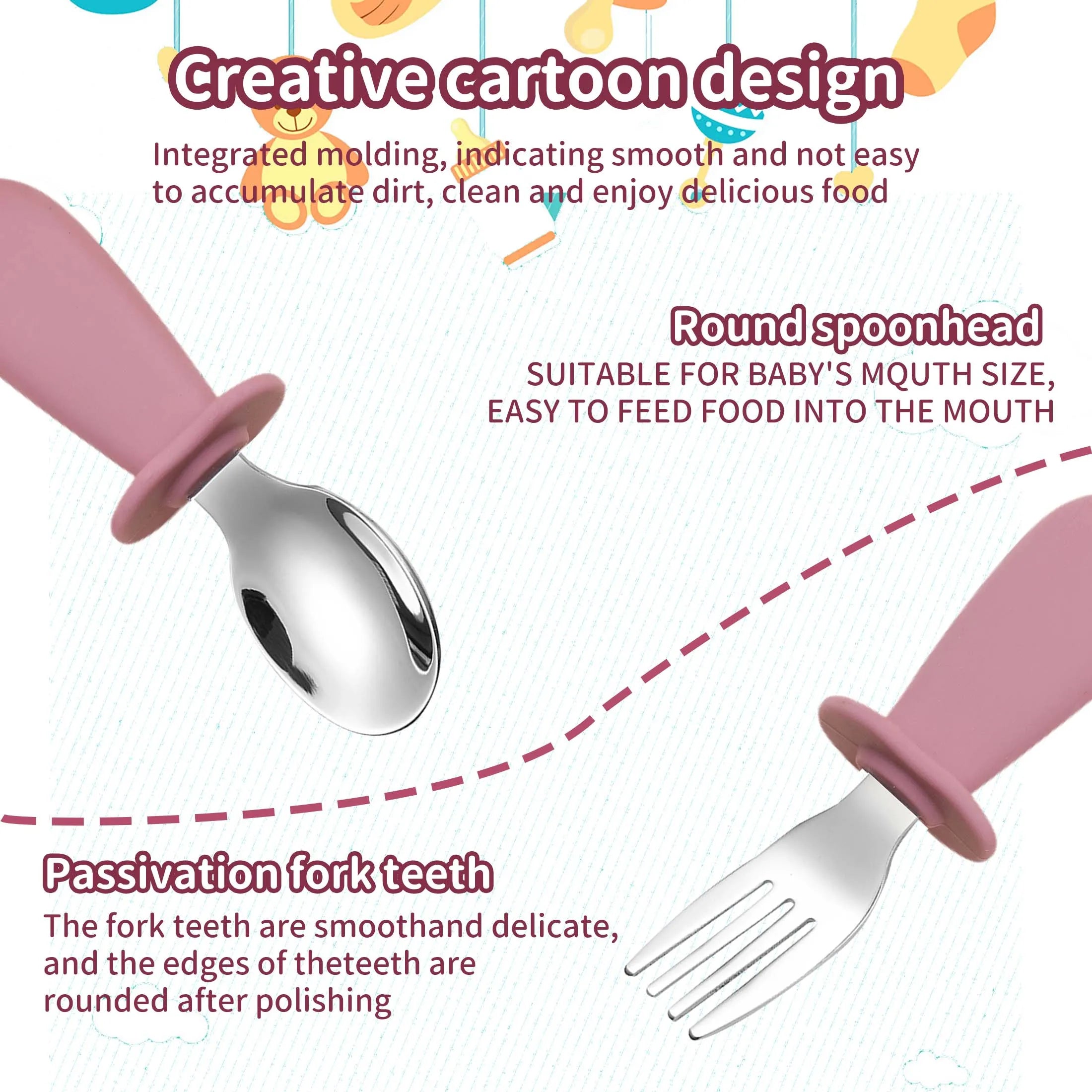 3-piece silicone spoon and fork cutlery set for baby food and feeding utensils, children's stainless steel spoon and fork cutler