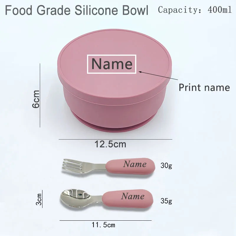 Silicone Baby Feeding Bowl With Lid Spoon Fork 316 Stainless Steel Bowl Personalized Name Children's Tableware Snack Fruit Bowl