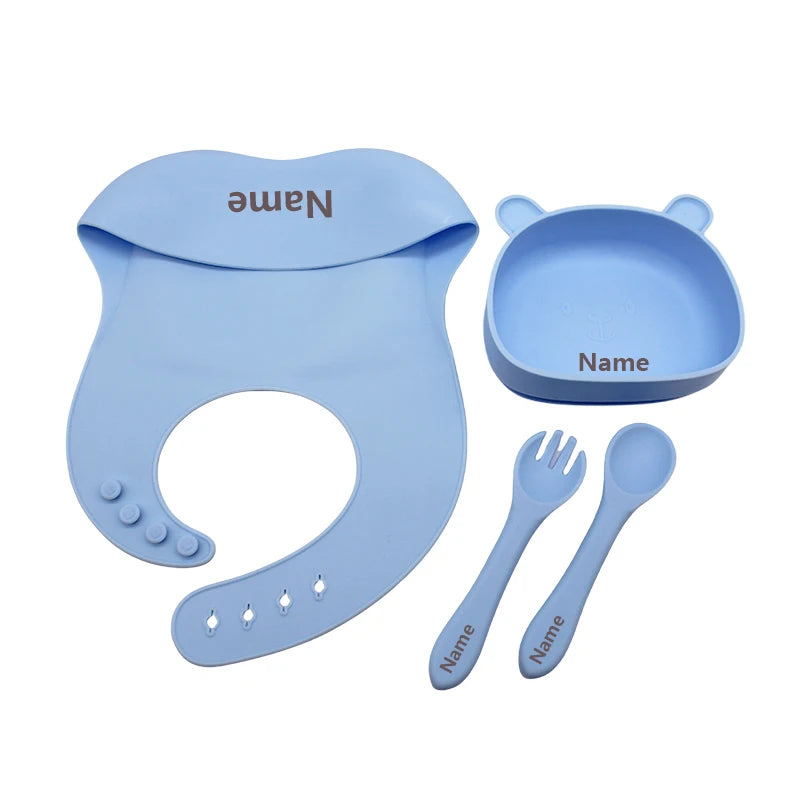 Free Name Printing Silicone Children's Tableware Feeding Bowl Silicone Fork Spoon Meal Training Holiday Gift