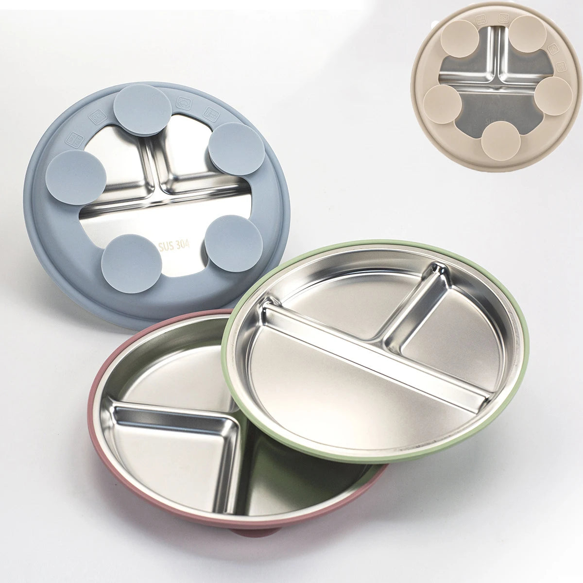 1PCS Stainless Steel Plate Detachable Suction Dishes Baby Feeding Sucker Bowl Food Grade Silicone Food Tray Tableware