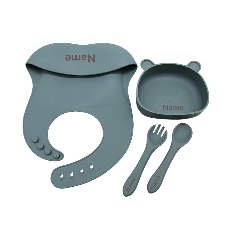 Free Name Printing Silicone Children's Tableware Feeding Bowl Silicone Fork Spoon Meal Training Holiday Gift