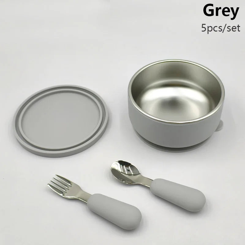 Silicone Baby Feeding Bowl With Lid Spoon Fork 316 Stainless Steel Bowl Personalized Name Children's Tableware Snack Fruit Bowl