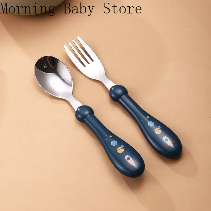 Cartoon Rocket Shark Pattern Baby Spoon Fork Children Feeding Cutlery Utensil Toddler Infant Tableware Baby Feeding Accessories