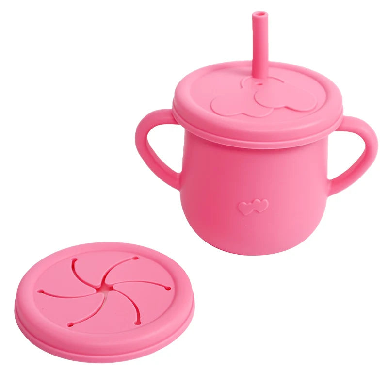 Silicone Baby Straw Cup - Cute Training Sippy Cup with Handles, Straws, Lids - Reusable Snack Cups Feeding Supplies for Toddlers
