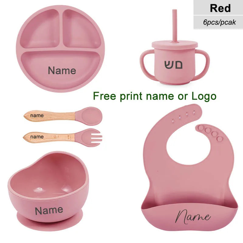 6Pcs Baby Feeding Set Free Personalized Name Children's Silicone Tableware  Sucker Cup Bowl Plate For Kids Newborn Gift BPA Free