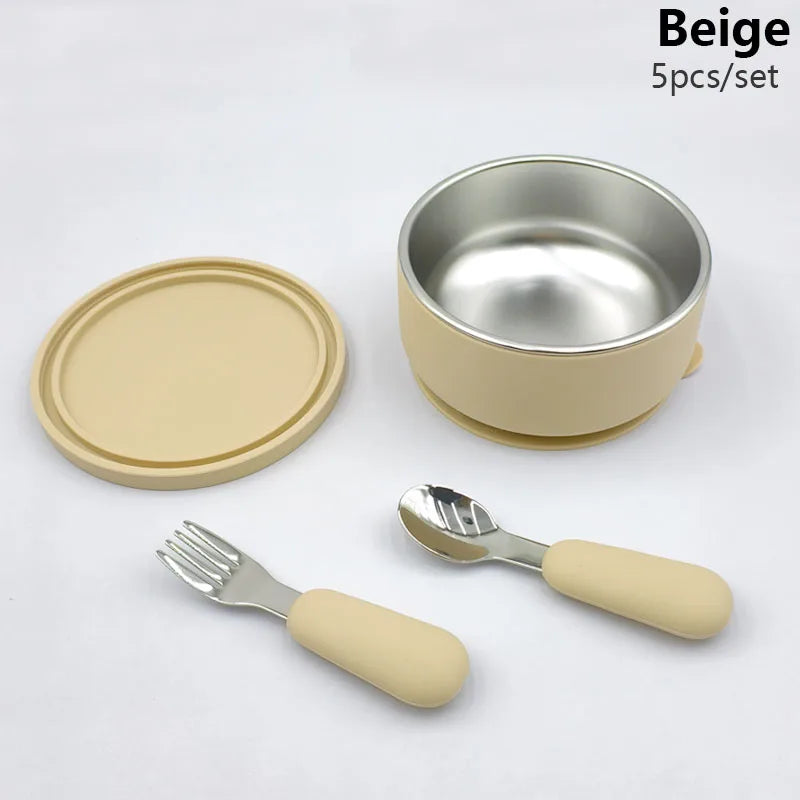Silicone Baby Feeding Bowl With Lid Spoon Fork 316 Stainless Steel Bowl Personalized Name Children's Tableware Snack Fruit Bowl