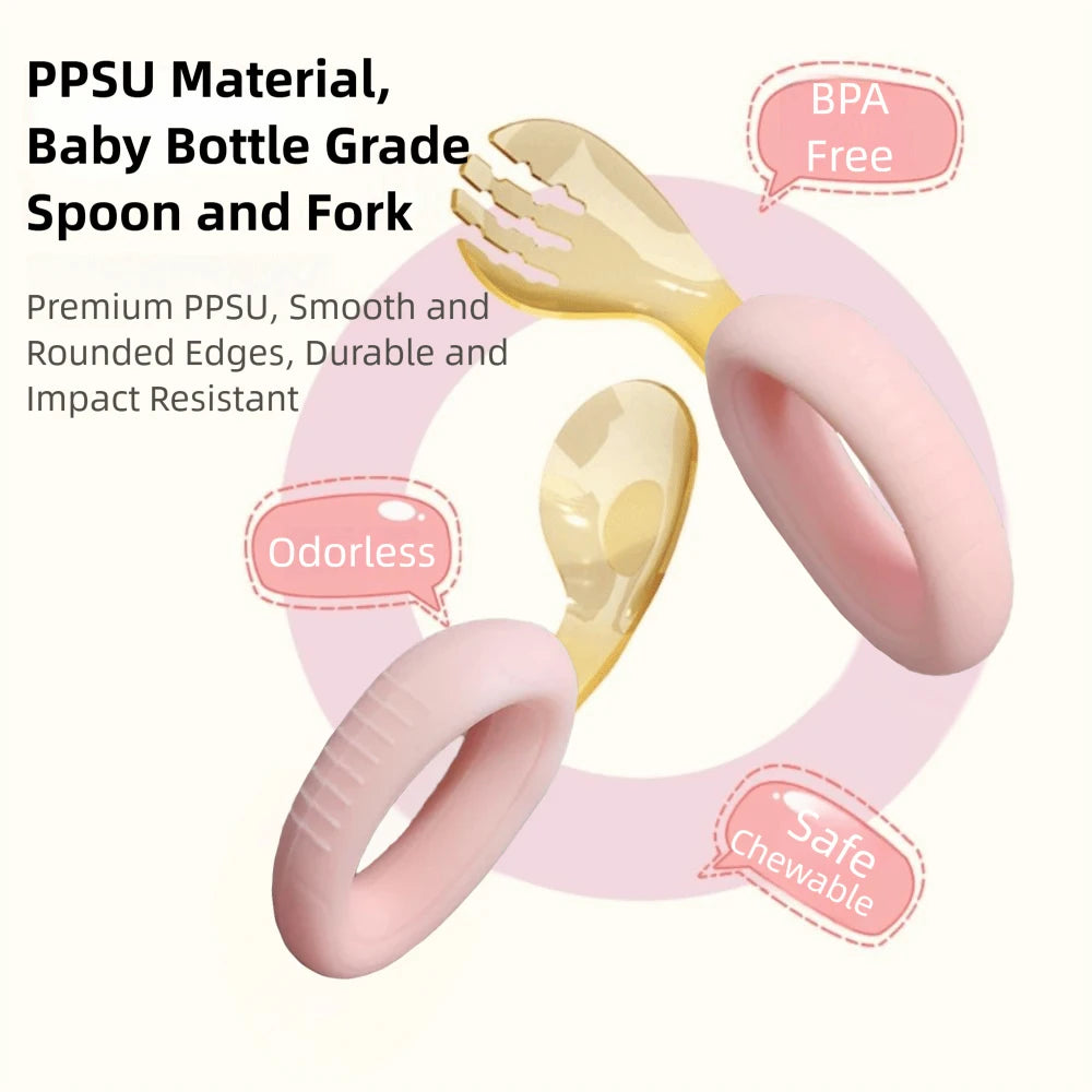Toddler Spoon and Fork with Bendable Silicone Grip and PPSU Head Storage Box for Baby Self-feeding