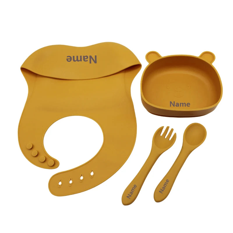 Free Name Printing Silicone Children's Tableware Feeding Bowl Silicone Fork Spoon Meal Training Holiday Gift