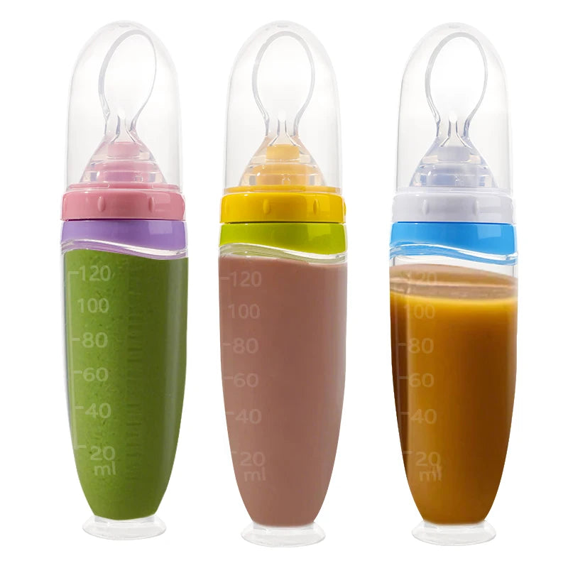 120 ml/4oz Infant Baby Liquid Silicone Food Squeeze Feeder | Fruit Puree & Rice Paste Dispenser | Detachable Spoon