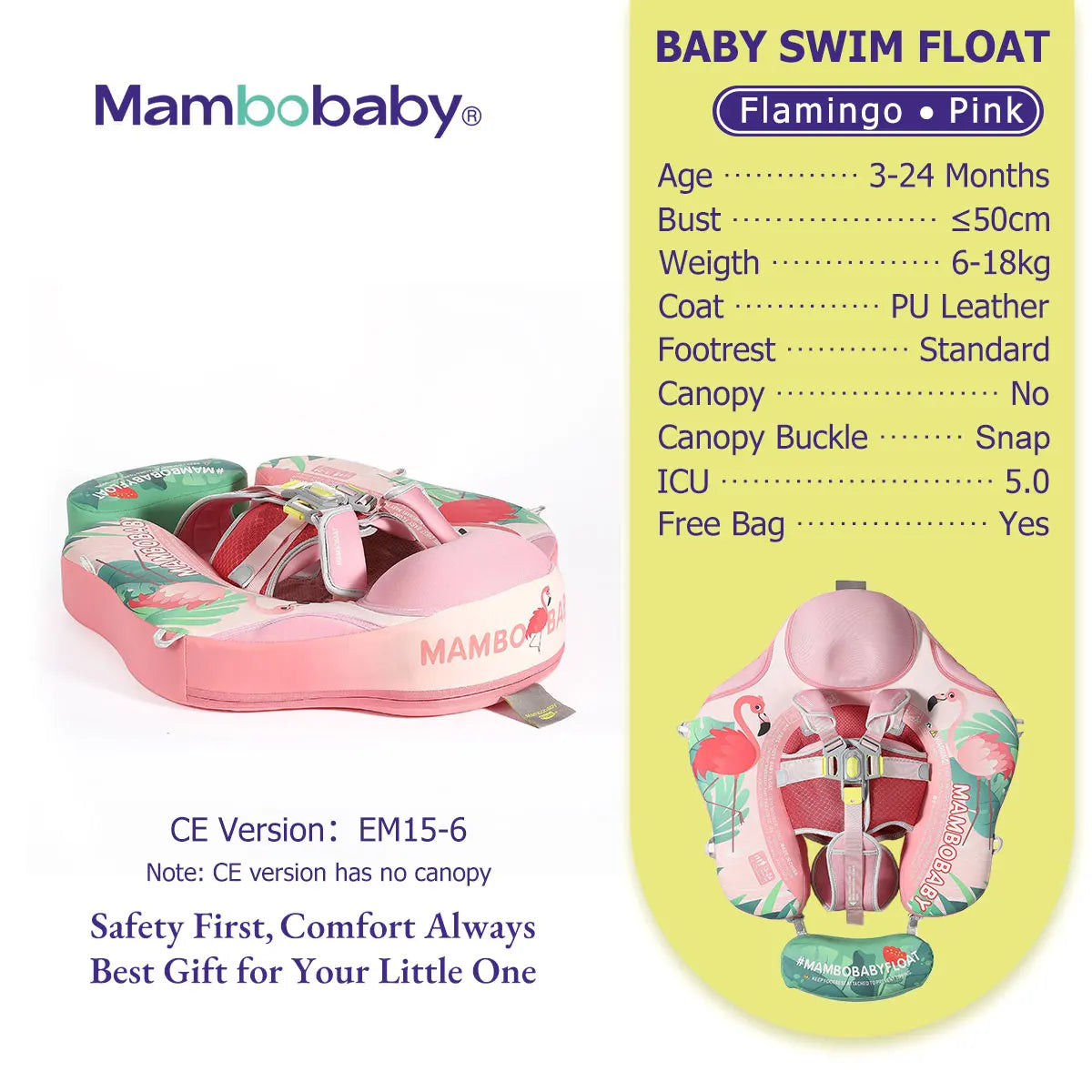 Mambobaby Gentle Skin-Safe Flamingo Air-Free Chest Float with Flat Canopy B503-143-W-Z Baby Swimming Ring Infant Water Circle