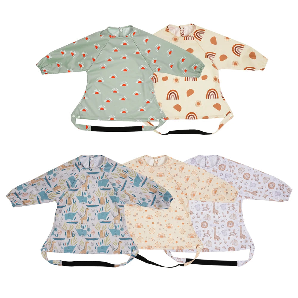 Elinfant New 1 Pc Table Use Polyester Waterproof Fashion Printed Snap Buttons Design Long Sleeve Mess Proof Baby Feeding Bib