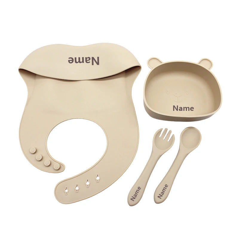 Free Name Printing Silicone Children's Tableware Feeding Bowl Silicone Fork Spoon Meal Training Holiday Gift
