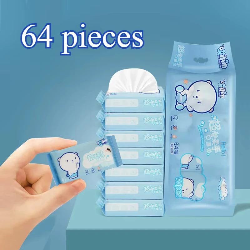 64pcs Disposable Super Mini Wet Wipes Portable Small Package Extraction Hand And Mouth Cleaning Wipes Home School Supplies