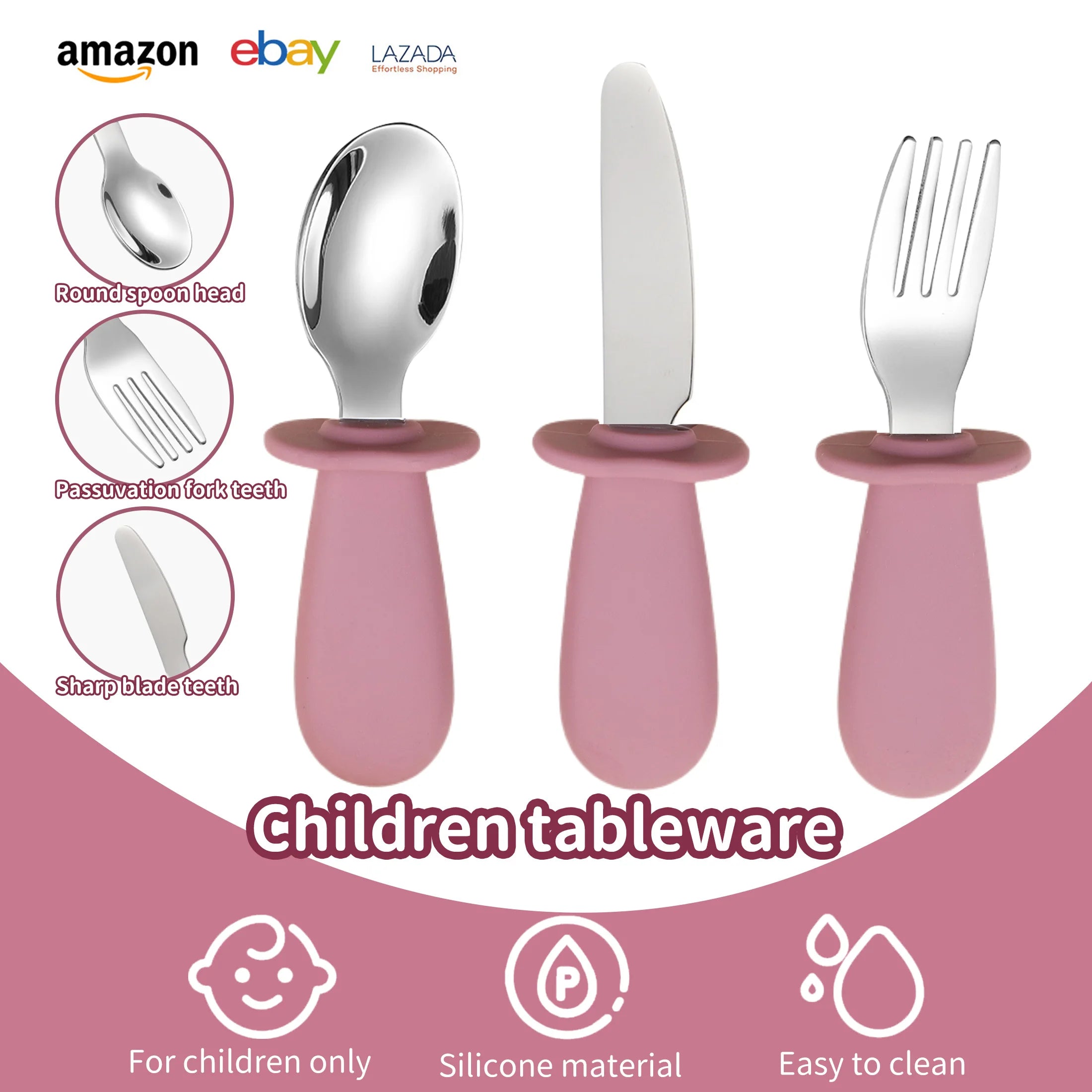 3-piece silicone spoon and fork cutlery set for baby food and feeding utensils, children's stainless steel spoon and fork cutler