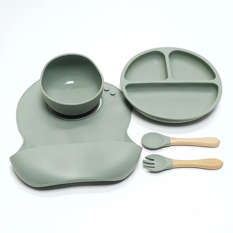 5pcs Children's Silicone Dinner Plate Set Strong Suction Anti-Fall Children's Eating Training Bowl Fork Spoon Feeding Tableware