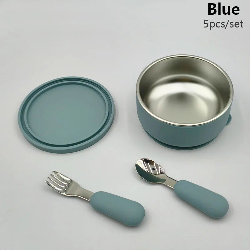 Silicone Baby Feeding Bowl With Lid Spoon Fork 316 Stainless Steel Bowl Personalized Name Children's Tableware Snack Fruit Bowl