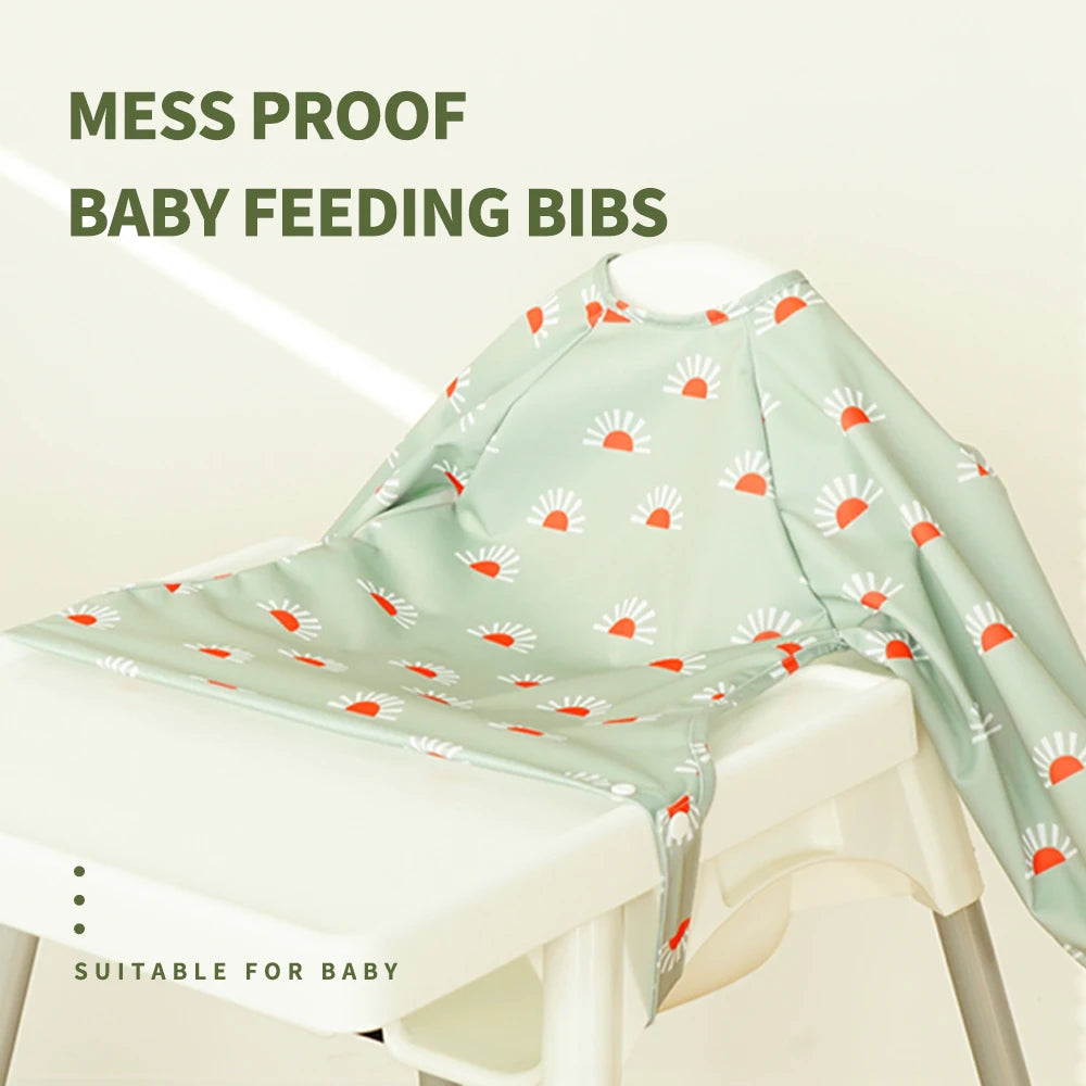 Elinfant New 1 Pc Table Use Polyester Waterproof Fashion Printed Snap Buttons Design Long Sleeve Mess Proof Baby Feeding Bib