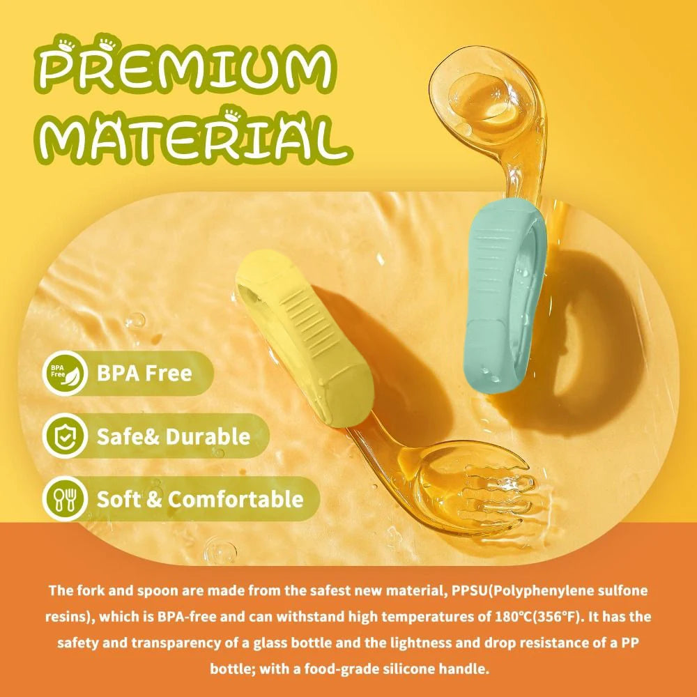 Toddler Spoon and Fork with Bendable Silicone Grip and PPSU Head Storage Box for Baby Self-feeding